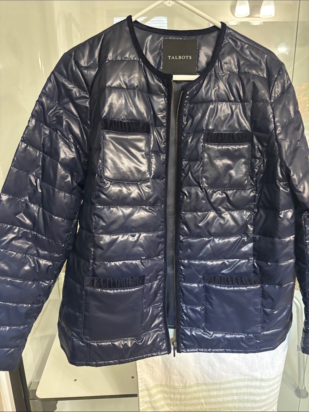 Talbots Shiny Navy Quilted Zip-Front Puffer Jacket